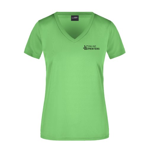 Apfelgrünes Polyester-T-Shirt mit V-Ausschnitt für Damen.