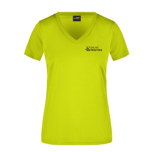 Neongelbes Polyester-T-Shirt mit V-Ausschnitt für Damen.