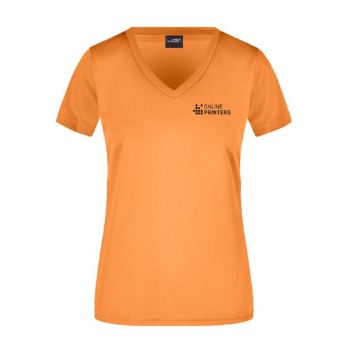 Oranges Polyester T-Shirt mit V-Ausschnitt für Damen.