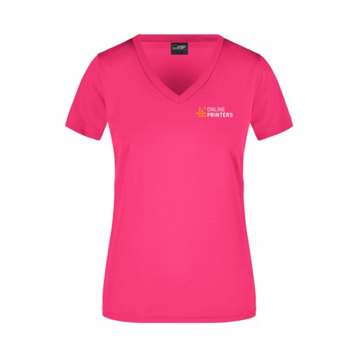 Pinkes Polyester Damen T-Shirt mit V-Ausschnitt und kurzen Ärmeln.