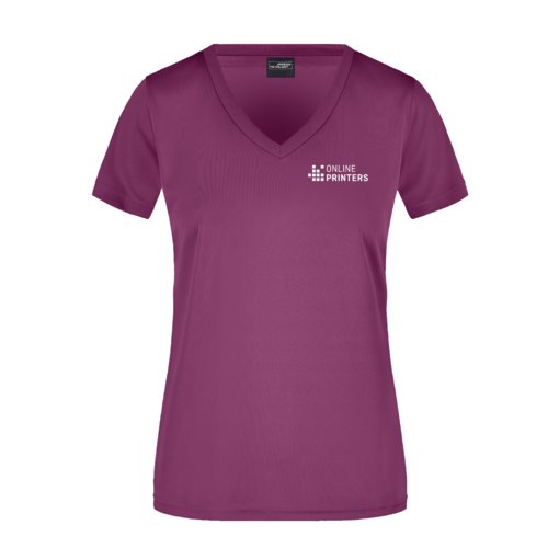Violettes Polyester-T-Shirt mit V-Ausschnitt für Damen.