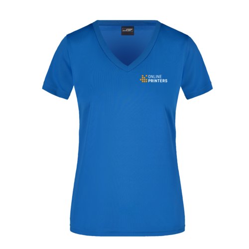 Königsblaues Polyester-T-Shirt für Damen mit V-Ausschnitt und kurzen Ärmeln.
