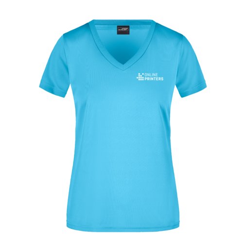 Türkisfarbenes Polyester-Shirt mit V-Ausschnitt für Damen.