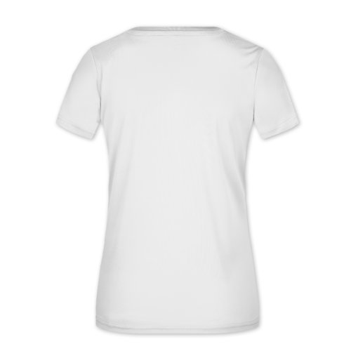 Weißes Polyester Damen T-Shirt mit V-Ausschnitt und kurzen Ärmeln.