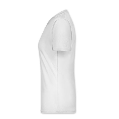 Weißes Polyester-Shirt mit V-Ausschnitt für Damen.