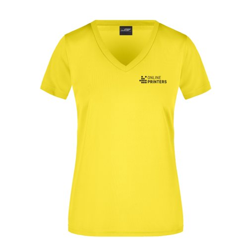 Gelbes Polyester-Shirt mit V-Ausschnitt für Damen.