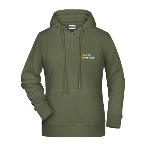 Grner Damen-Hoodie aus Stoff mit Kapuze und Kordelzug.
