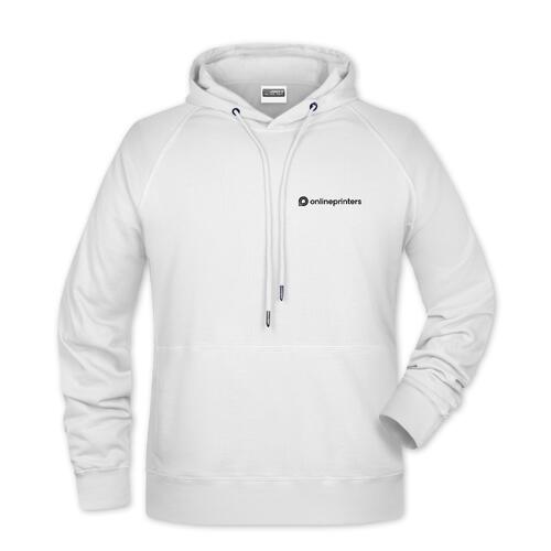 Wei�er Baumwoll-Polyester-Hoodie f�r Herren mit Kapuze und Kordelzug.