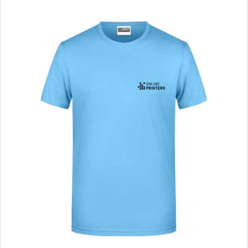 Himmelblaues Baumwoll-T-Shirt mit kurzen Ärmeln und Rundhalsausschnitt.