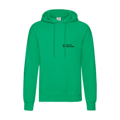 Grüner Stoff-Hoodie mit Kapuze und Kängurutasche.