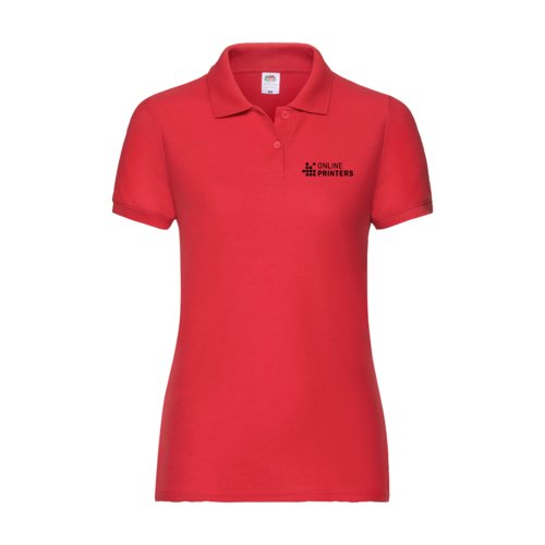 Rotes Damen Poloshirt aus Polyester-Baumwoll-Mischgewebe mit kurzem Arm.