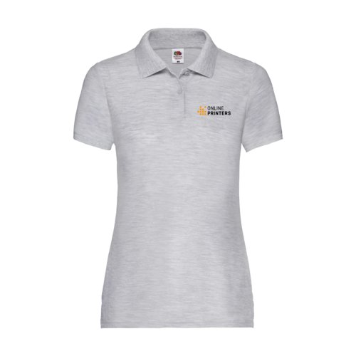Grau meliertes Damen-Poloshirt aus Polyester-Baumwoll-Mischgewebe.