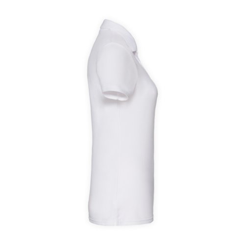 Weies Poloshirt aus Mischgewebe fr Damen mit kurzen rmeln.