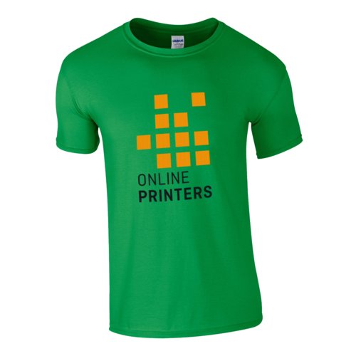 Grnes Stoff-T-Shirt mit kurzen rmeln und Rundhalsausschnitt.
