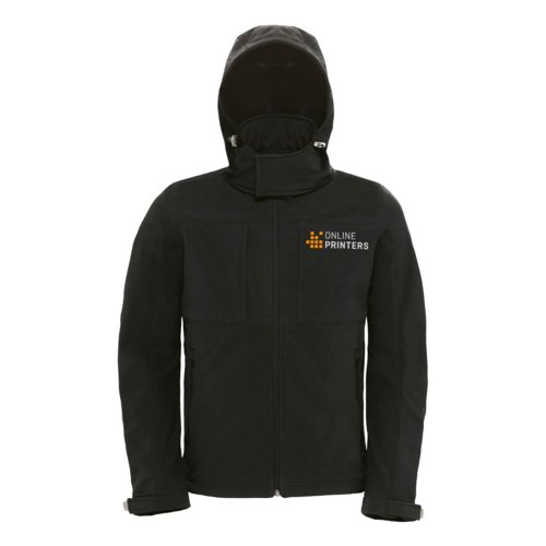 Softshelljacke mit Kapuze, Reiverschluss und mehreren Taschen.