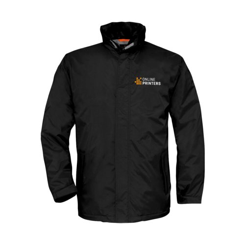 Schwarze Jacke aus wasserabweisendem Material mit Kapuze.