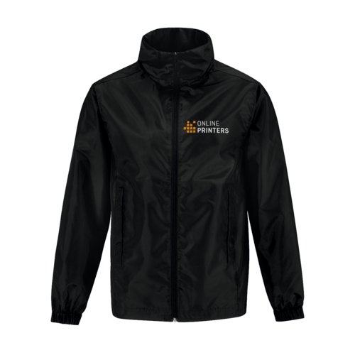 Schwarze Windjacke aus leichtem Material mit durchgehendem Reiverschluss.