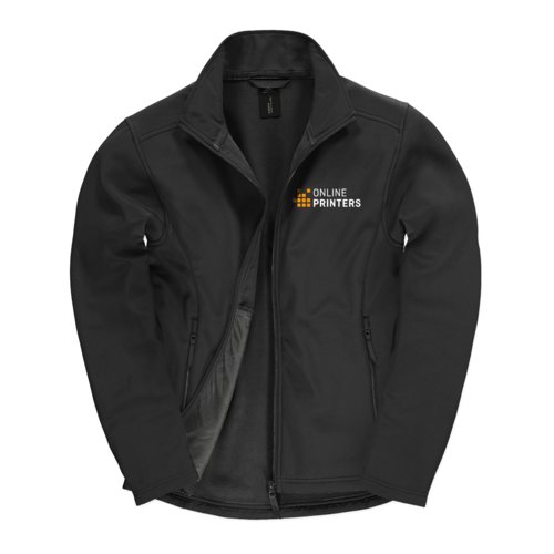 Schwarze Softshell-Jacke mit durchgehendem Reiverschluss und Seitentaschen.