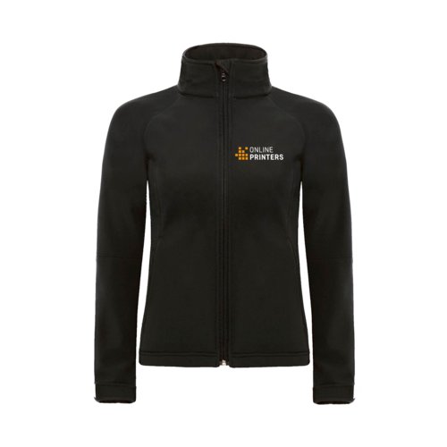 Schwarze Softshell-Jacke mit durchgehendem Reiverschluss und Stehkragen.