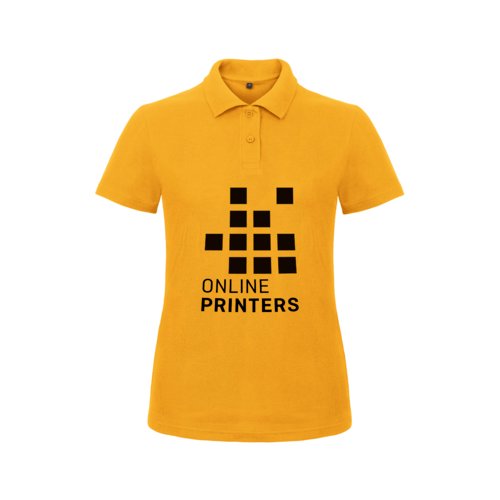 Goldgelbes Baumwoll-Poloshirt für Damen mit kurzer Knopfleiste.