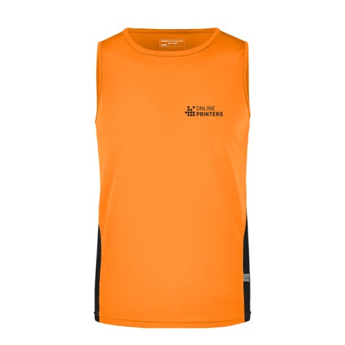 Orangefarbenes Tanktop aus Polyester für Herren mit schwarzen Seiteneinsätzen.