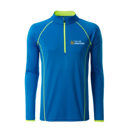 Blaues und neongelbes Polyester-Langarmshirt mit kurzem Reißverschluss.