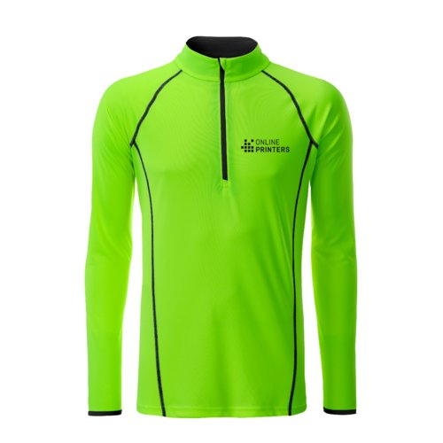 Neongrünes Polyester-Langarmshirt mit kurzem Reißverschluss.