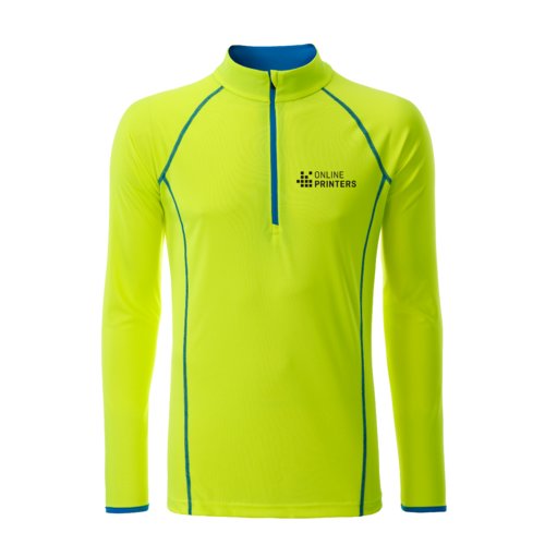 Neongelbes Polyester Langarmshirt mit kurzem Reißverschluss.