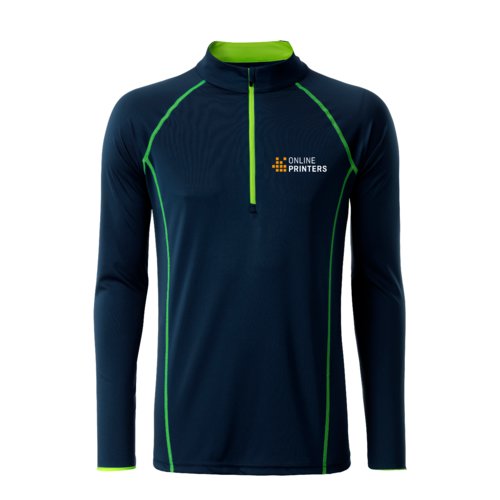Marineblaues Funktions-Langarmshirt aus Polyester mit kurzem Reißverschluss.