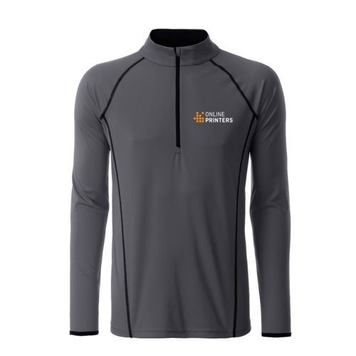 Dunkelgraues Polyester Langarmshirt mit kurzem Reißverschluss.