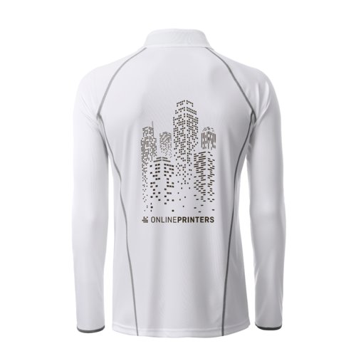Weißes Polyester Langarmshirt für Herren mit silberfarbenen Details.