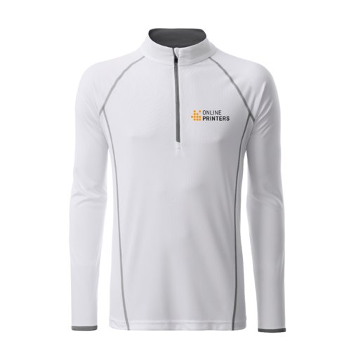 Weißes Polyester-Langarmshirt mit Reißverschluss.