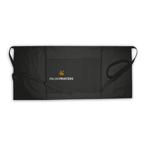 Schwarze Baumwollschürze mit verstellbaren Trägern und Taschen.