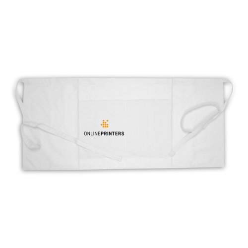 Weiße Baumwollschürze mit langen Bindebändern und aufgesetzter Tasche.