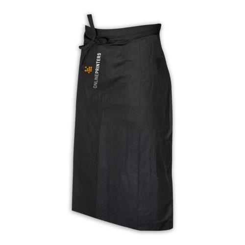 Schwarze Baumwollschrze mit langen Bindebndern und Tasche.
