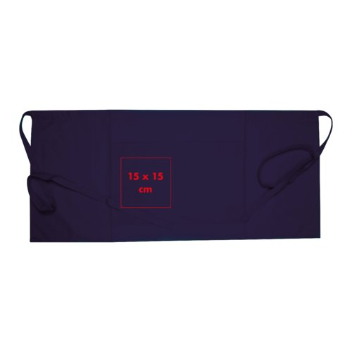 Blaue Baumwollschürze mit langen Bindebändern.