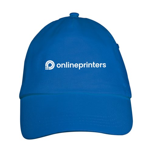 Blaue Baseballcap mit fnf Segmenten und verstellbarem Verschluss.