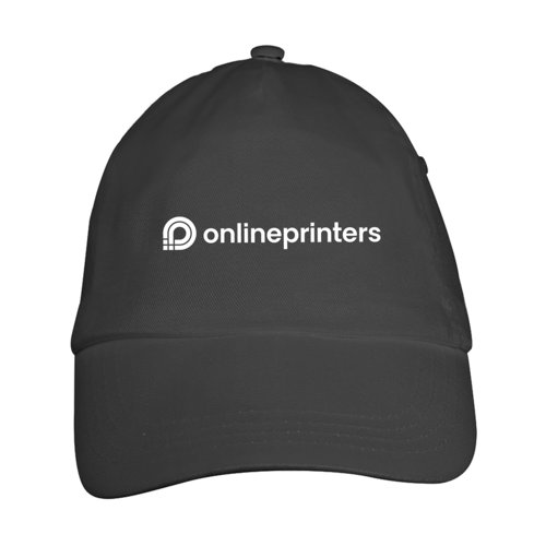 Schwarze Baseballcap aus Stoff mit fnf Feldern.