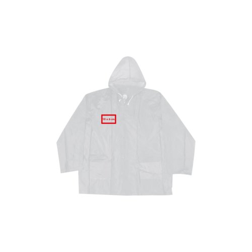 Transparente Regenjacke mit Kapuze und Taschen.