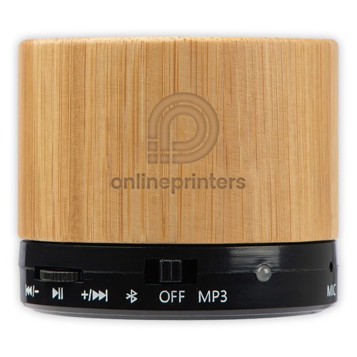 Heller Holz Bluetooth Lautsprecher mit Bedienelementen.