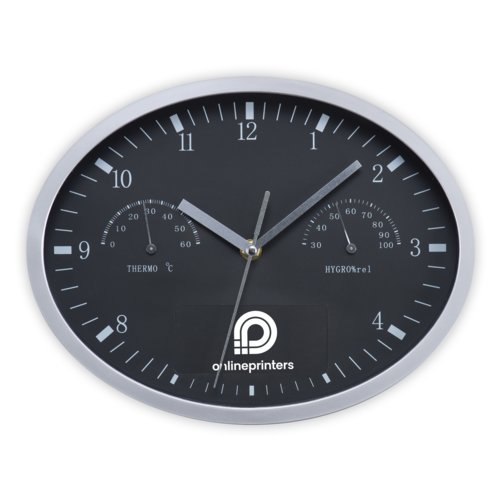 Schwarze Wanduhr mit Thermometer und Hygrometer.