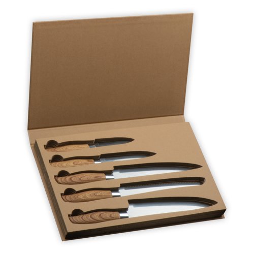 Graues Messer-Set aus Stahl und Holz, fünfteilig.