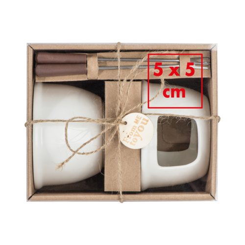 Weißes Keramik Schokoladenfondue-Set mit Gabeln.