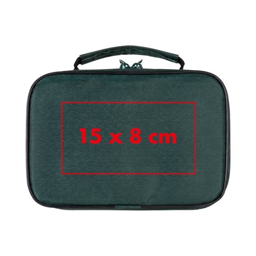 Grne Tasche mit Reiverschluss und Tragegriff.