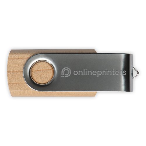 Holz USB-Stick mit drehbarem Metallgehäuse.