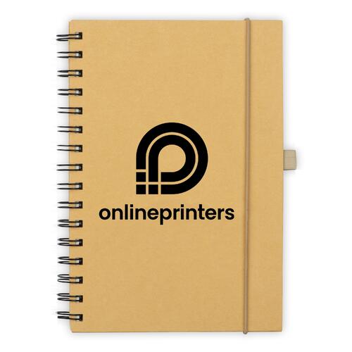 Braunes Notizbuch mit Gummibandverschluss und Spiralbindung.