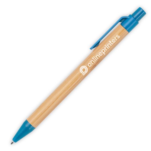 Blauer Bambus-Kugelschreiber mit Clip und Druckmechanismus.
