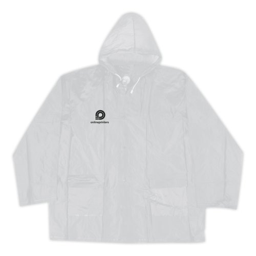Transparente Regenjacke mit Kapuze.