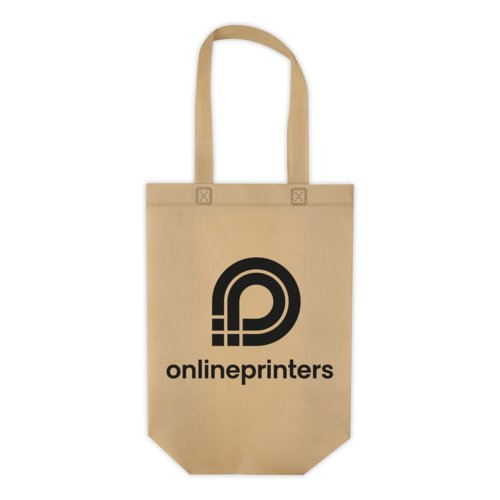 Beige Vliesstoff-Tasche mit zwei Tragegriffen.