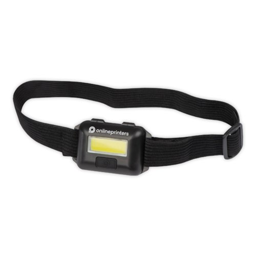 Schwarze Stirnlampe aus Kunststoff mit verstellbarem Gurt.
